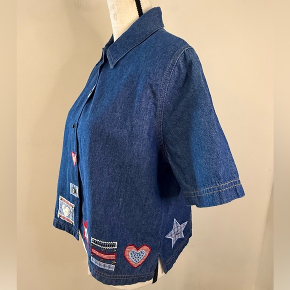 Koret vintage cotton denim patchwork embroidered short sleeve shirt SZ SM - Picture 3 of 12